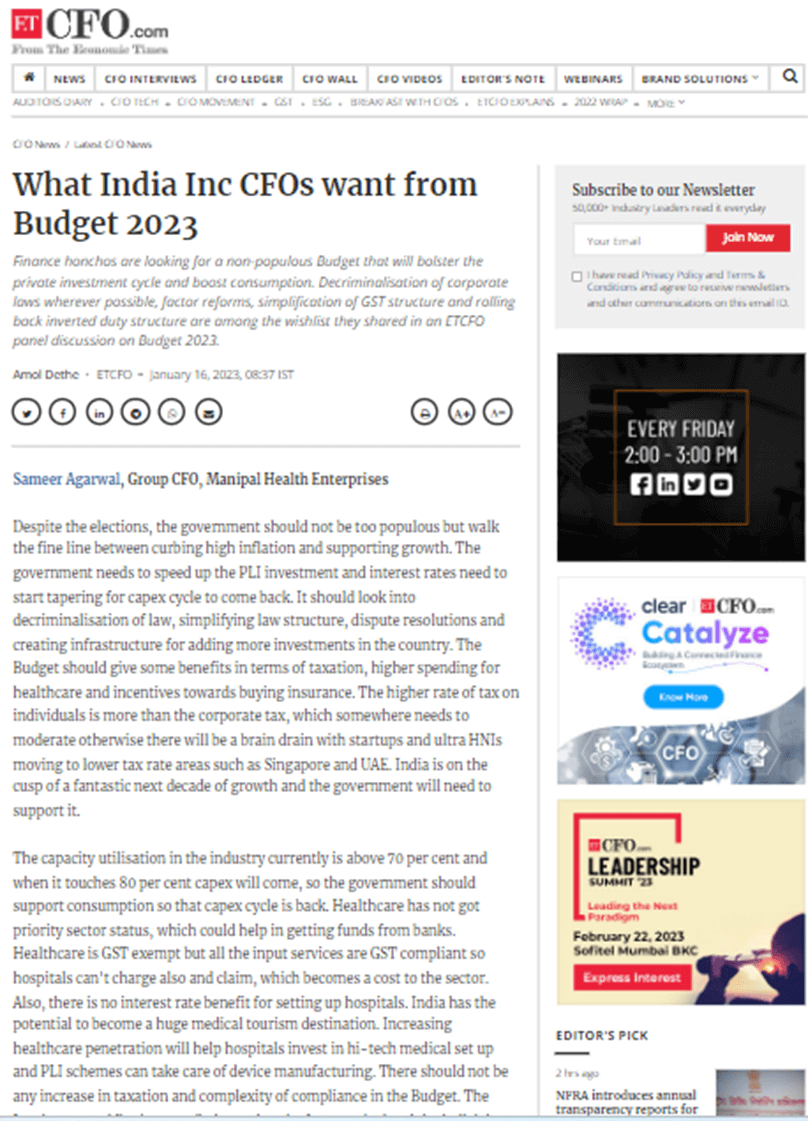 Mr. Sameer Agarwal in Economic Times